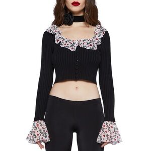 Dolls kill X Betty Boop Black Ribbed Knit Button-Up Crop Top with Ruffled Collar